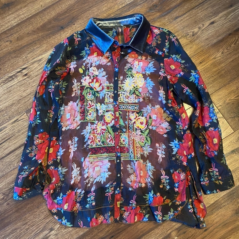Aratta Silent Journey Women's M Floral Multi Color Trim Velvet Bohemian Top